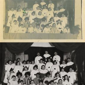 Handley Choir - 1921/1922 - Una Martin top left end of row, Montague Martin Snr row 4 inside in black with white ruff, Basil Martin -bottom third from right b.1913.